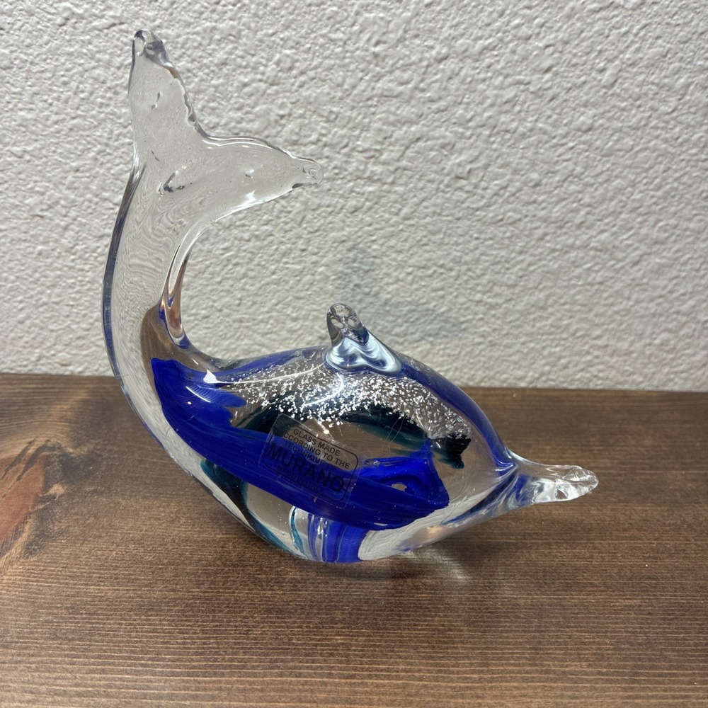 Murano Style Glass Dolphin Clear Blue Silver Flake 5" Made in Italy